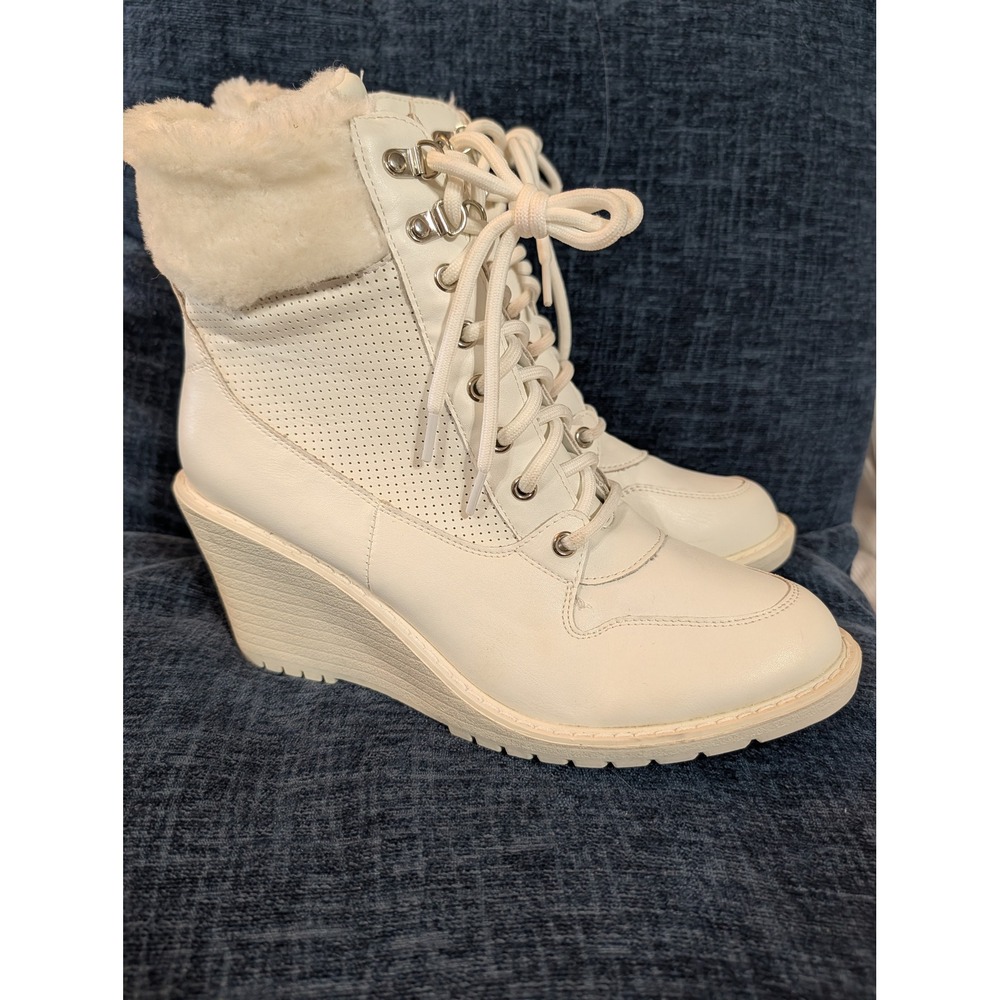 Womens White Faux Fur Trim Lace Up Wedge Ankle Boots Size 9 Side Zip‎